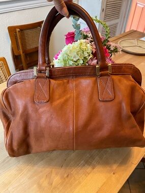 Classic Leather Slouchy Satchel Handbag in Cognac Brown